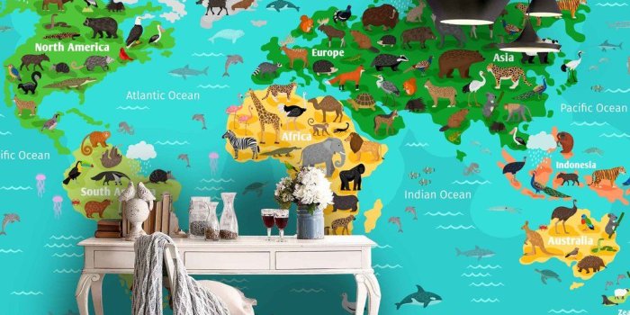 1024x867 3D Cartoon World Map Green Background Wall Mural Wallpaper 80