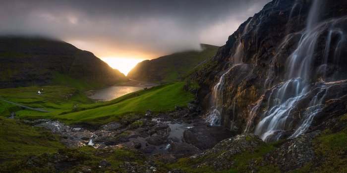3840x2160 Faroe Islands Waterfall At Sunset Island Country Panorama Desktop