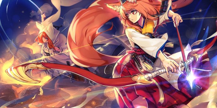 1332x850 Wallpaper magic, two, bow, tail, arrow, the battle, ears, fox girl