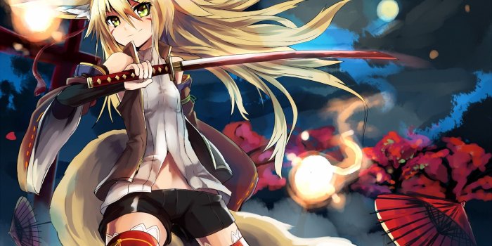 2124x1500 anime, Anime girls, Weapon, Sword, Knee highs, Fox girl, Shorts