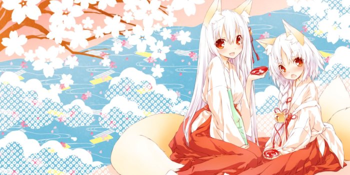 1920x1080 Woman with white hair and tails anime character, fox girl, animal