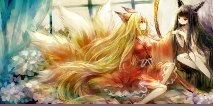 1332x850 Wallpaper friend, long hair, fox girl, ears, nine-tailed Fox