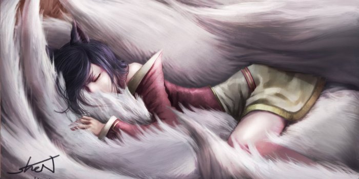 2048x1152 Pretty sleeping foxgirl Ahri: FullHD+ desktop wallpapers [Artist