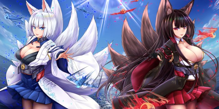 5000x3090 4506172 #fox girl, #boobs, #tail, #Akagi (Bilan Hangxian), #Kaga