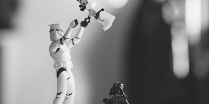 3840x2563 black and white shot of toy star wars storm trooper and darth