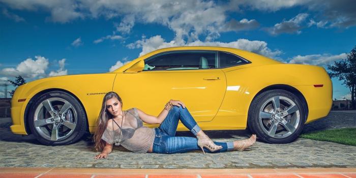 1920x1080 Blonde girl by a yellow Chevrolet Camaro wallpaper - Girl