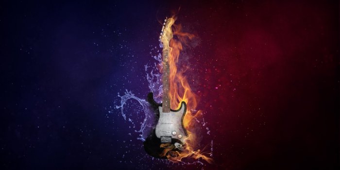 1366x768 Download wallpaper 1366x768 guitar, fire, water, music, photoshop