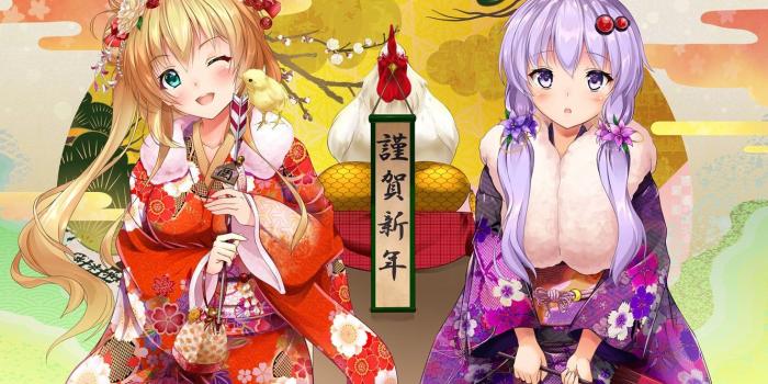 1332x850 Wallpaper kawaii, girl, new year, Vocaloid, bird, umbrella, anime