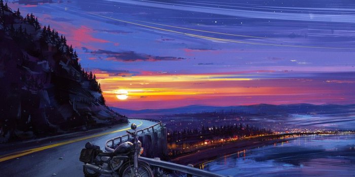 1332x850 Wallpaper city, lights, rock, twilight, road, sky, sea, landscape