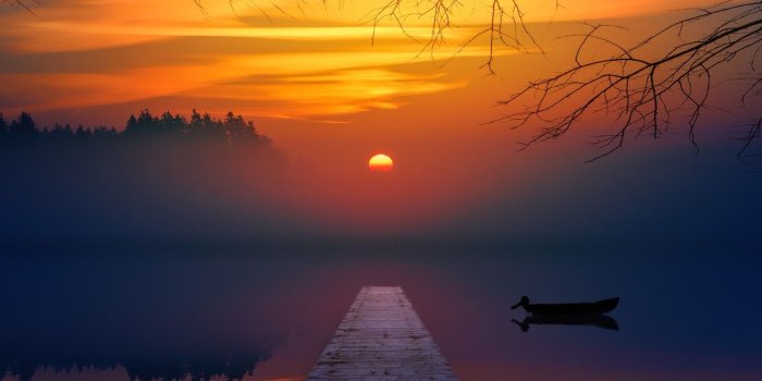 1332x850 Wallpaper forest, the sun, sunset, fog, lake, boat, the evening