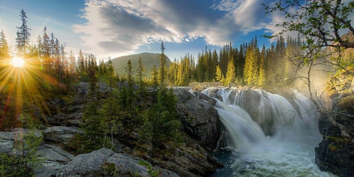 2100x1315 waterfall, Sunset, River, Forest, Sky, Nature, Landscape, Sun Rays