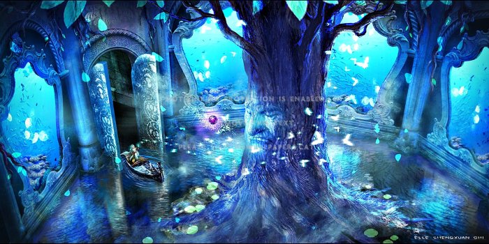 2793x1400 the tree water anime boat butterfly blue