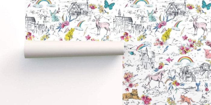 1024x1024 Spoonflower Pre-Pasted Removable Wallpaper, Unicorn Rainbow Castle