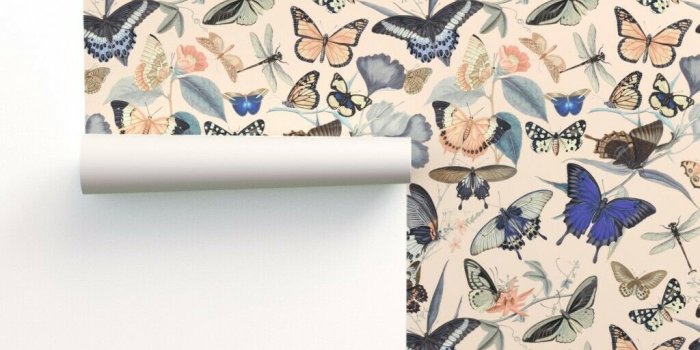 1024x1024 Removable Water-Activated Wallpaper Butterfly Nostalgic Vintage