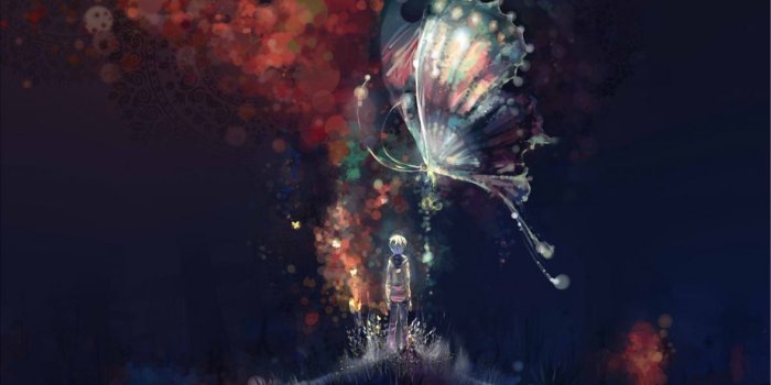 1176x700 Art night abstract butterfly boy island water lake anime original