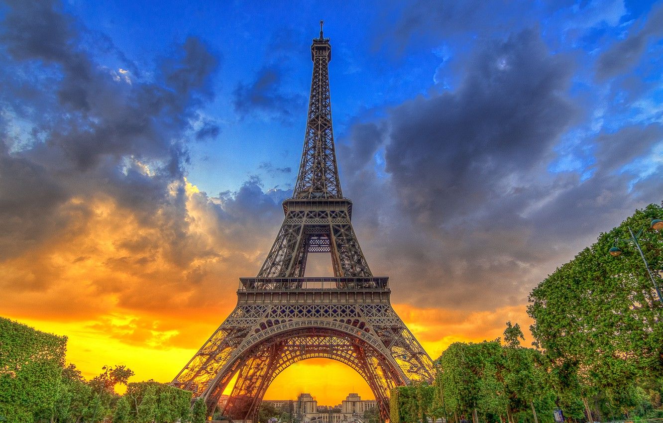 1332x850 Wallpaper the sky, trees, sunset, France, Paris, Eiffel tower