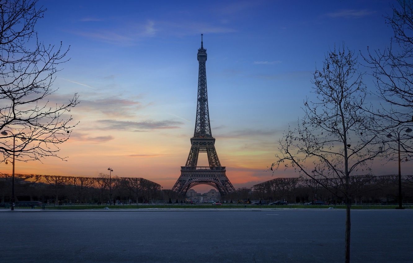 1332x850 Wallpaper trees, sunset, France, Paris, Eiffel Tower, Paris