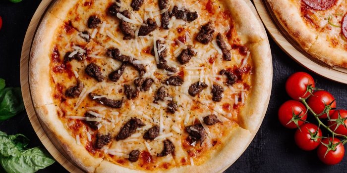 1332x850 Wallpaper cheese, meat, pizza, tomatoes, cakes, pizza, the dough