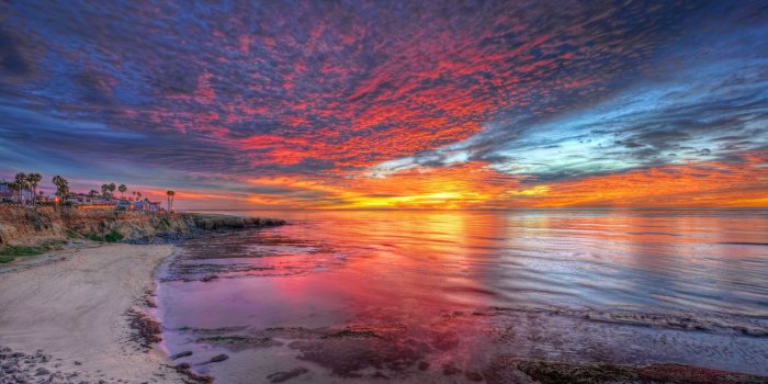 2048x1301 red, orange, sea, rocks, sunset, blue, sky, colors, sand, yellow