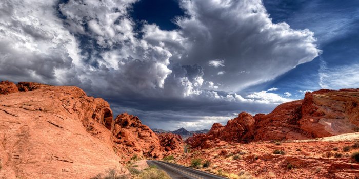 1920x1440 Highway Red Rocks, Blue Sky And White Clouds Desktop Wallpaper