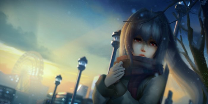 3465x2200 anime, Anime Girls, Crying, Scarf, Tears, Original Characters