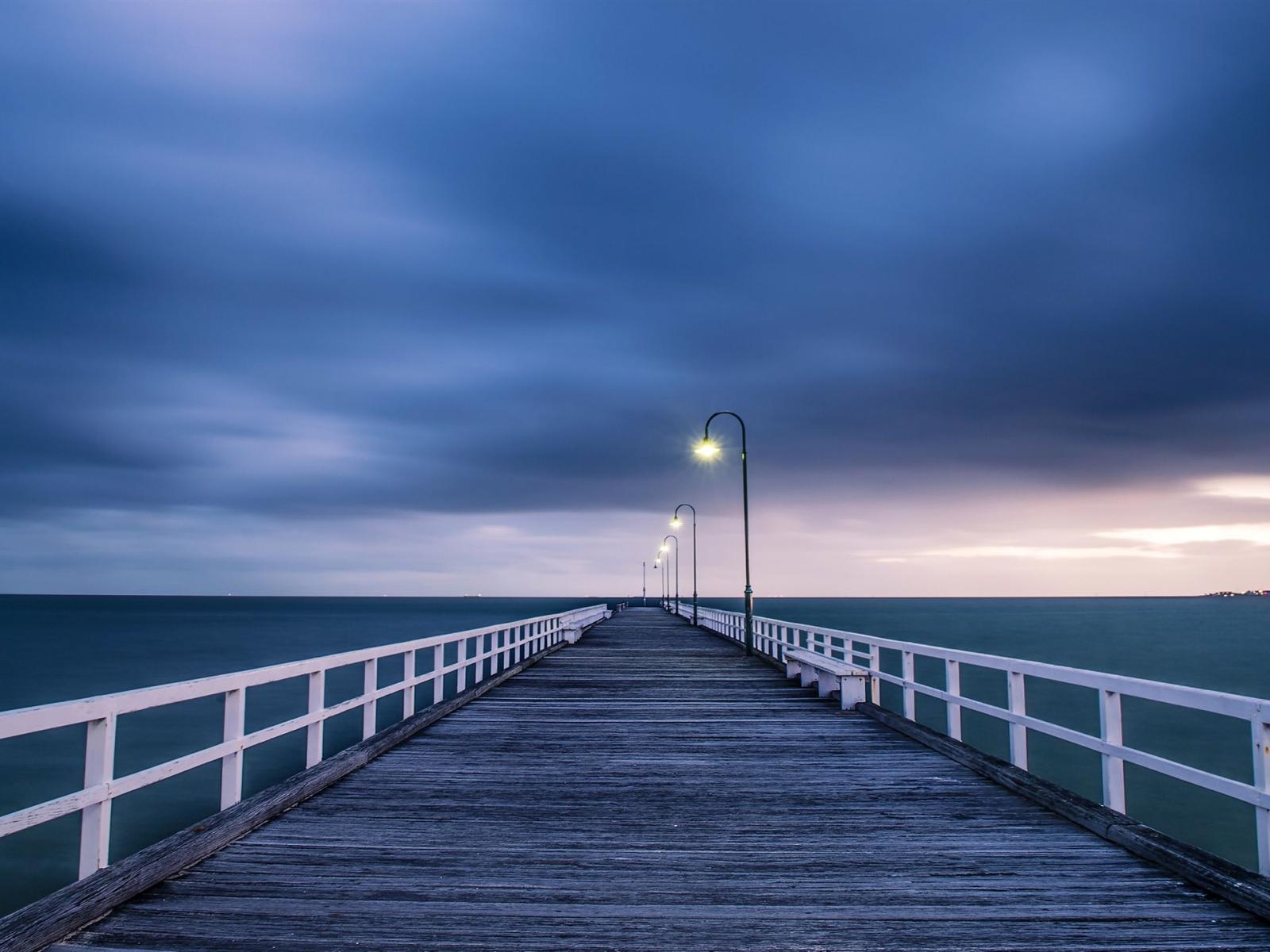 1920x1440 Wallpaper Australian landscape, wooden bridge, night lights, blue