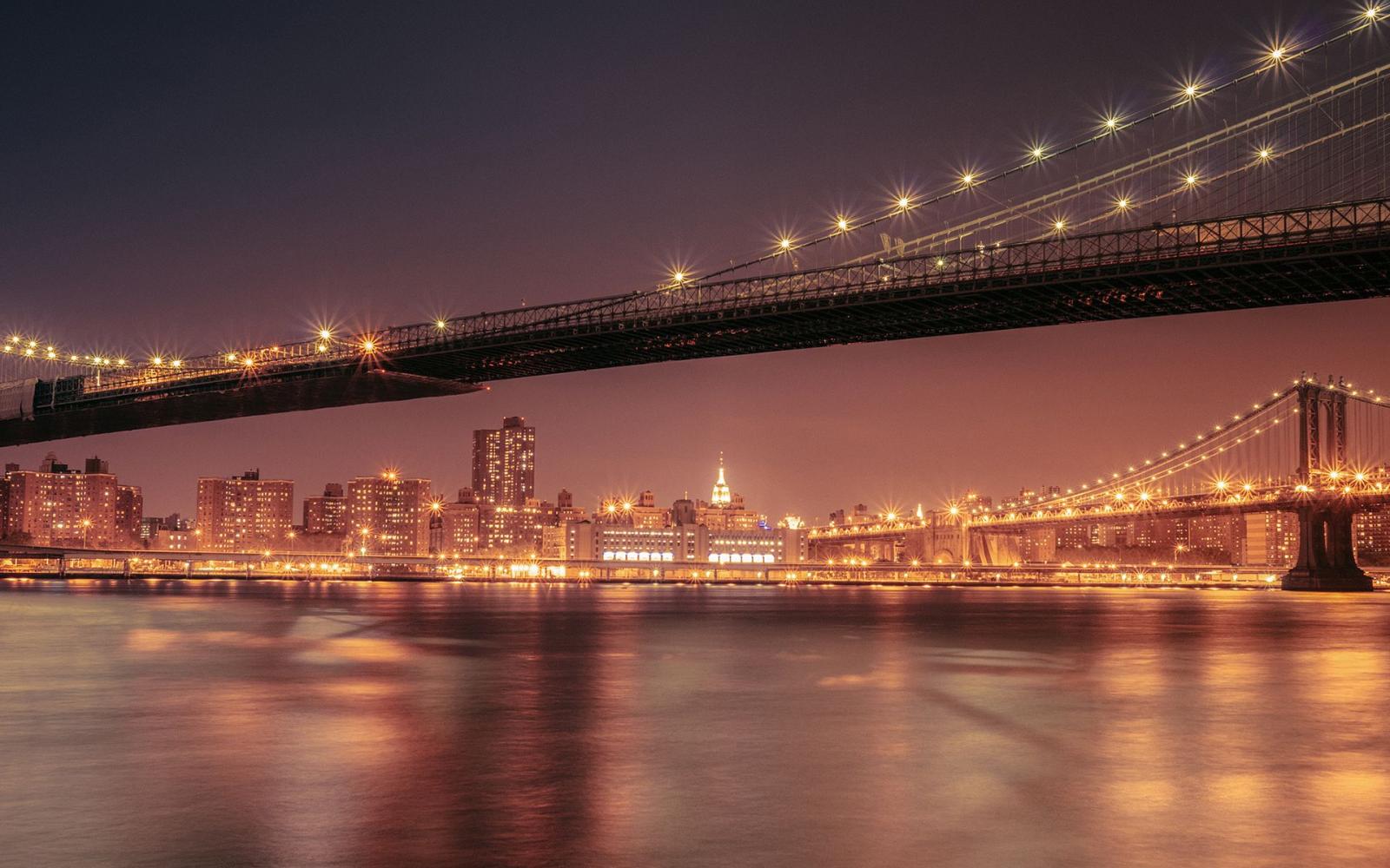 1920x1200 New York Buildings Skyscrapers Night Bridge River wallpaper