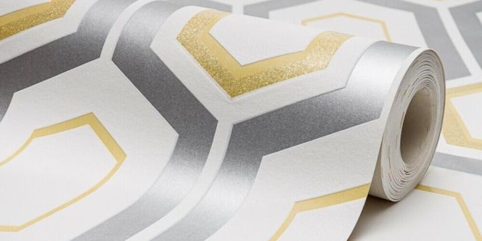 1000x1000 Coloroll Mortimer Geometric Wallpaper Yellow, Silver, White (M1025