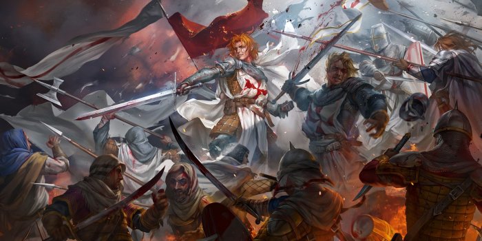 2560x1440 Wallpaper Warriors, battle, swords, crusaders, blood, art picture