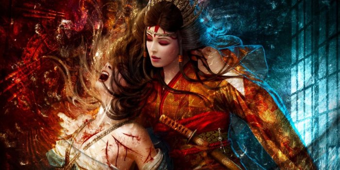1244x700 Fantasy art women females girls warrior weapons blood warrior