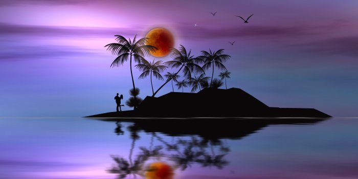 3840x2160 Download Silhouette, blood moon, island, palm trees, couple