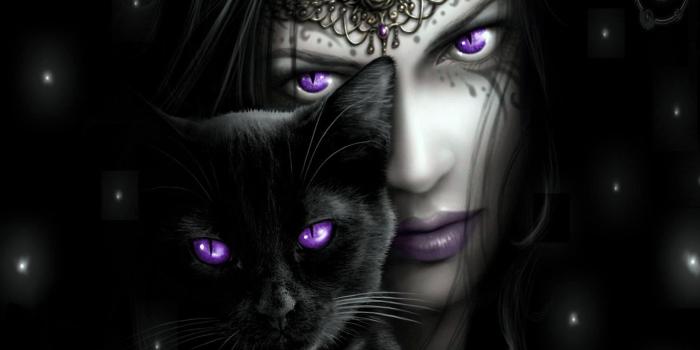 1920x1080 Woman and black cat with purple eyes photo HD wallpaper