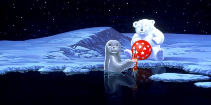 1332x850 Wallpaper water, stars, snow, red, the ball, seal, bear, coca-cola