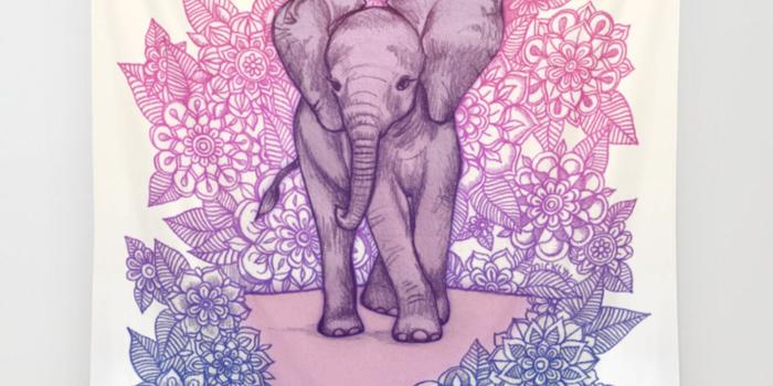 1500x1500 Cute Baby Elephant in pink, purple & blue Wall Tapestry by micklyn