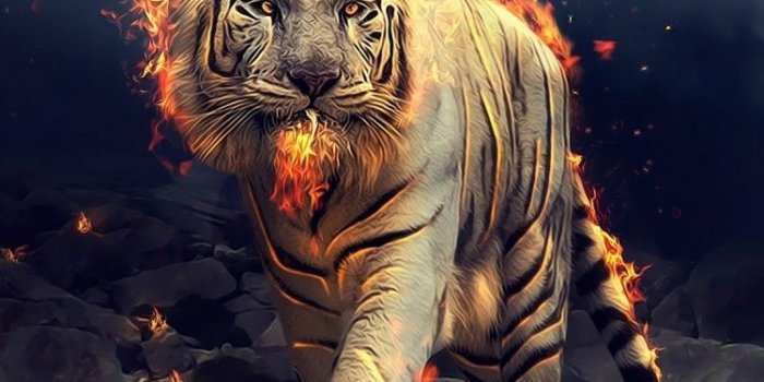 750x1334 Download 750x1334 White Tiger, Fantasy, Fire, Rocks, Walking