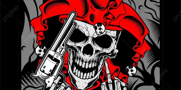 1200x1207 The Joker S Skull Holds A Gun Vector Hand Drawing Shirt Designs