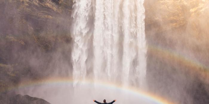 2560x1080 2560x1080 man, rainbow, waterfall 2560x1080 Resolution Wallpaper