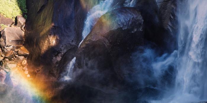 1600x900 Download wallpaper 1600x900 waterfall, rainbow, aerial view, water