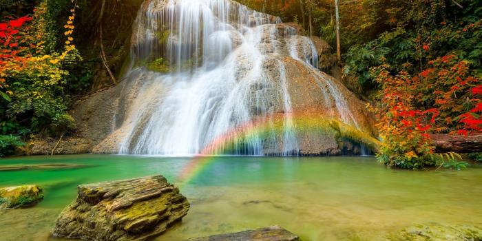 1332x850 Wallpaper autumn, forest, nature, waterfall, rainbow, stream