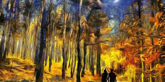 2174x1446 couple, Painting, Crescent moon, Surreal, Forest Wallpapers HD