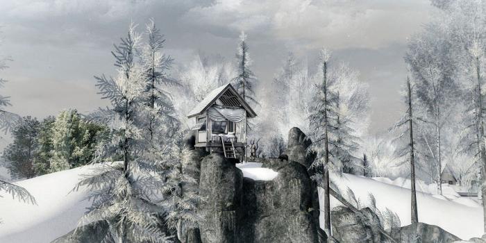 1332x850 Wallpaper winter, forest, trees, rocks, house, surreal images for