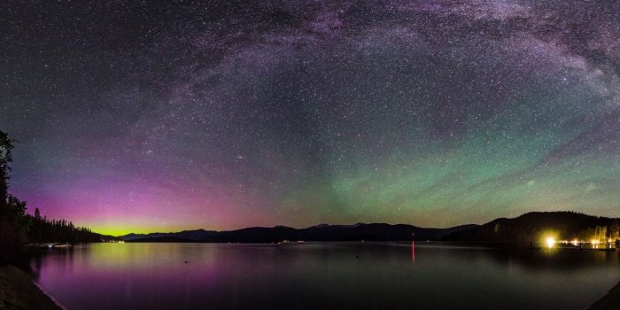 1244x700 Aurora Borealis Northern Lights Night Stars Lake wallpaper