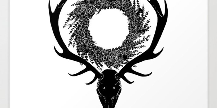 1500x1500 Scottish Red Deer Skull with Heather and Thistle Wreath Art Print