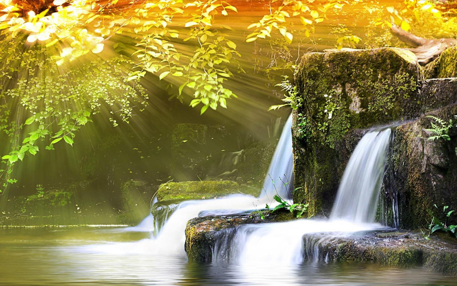 1920x1200 spring backgrounds | Sunlit forest waterfall wallpaper