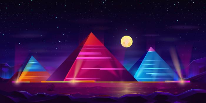 2560x1440 Download Pyramids, colorful night, desert, neon art wallpaper