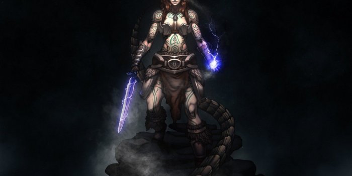 1332x850 Wallpaper chest, girl, sword, warrior, tattoo, art, MAG, red