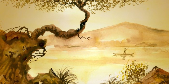 1332x850 Wallpaper grass, river, tree, people, Chinese painting, junk