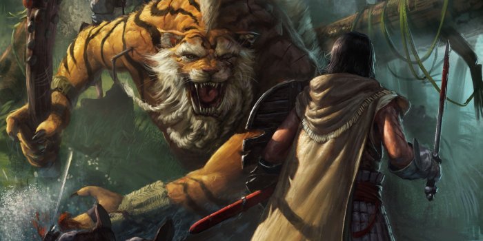 3000x1875 warrior, Artwork, Tiger, Jaguars, Sword, Jungle, Trees, Cloaks