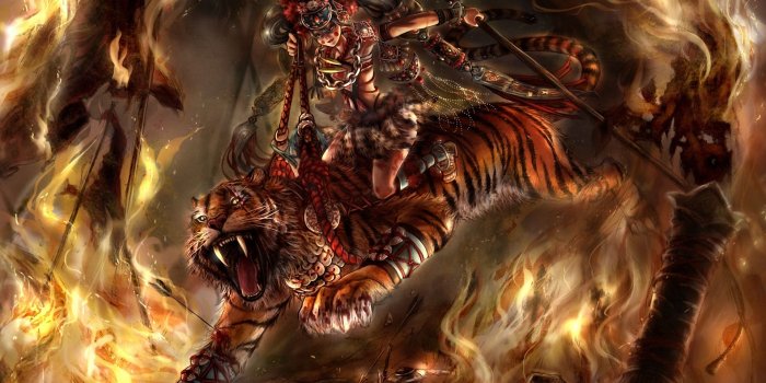 1920x1373 Fantasy warriors tigers animals fire flames dark battle wallpaper