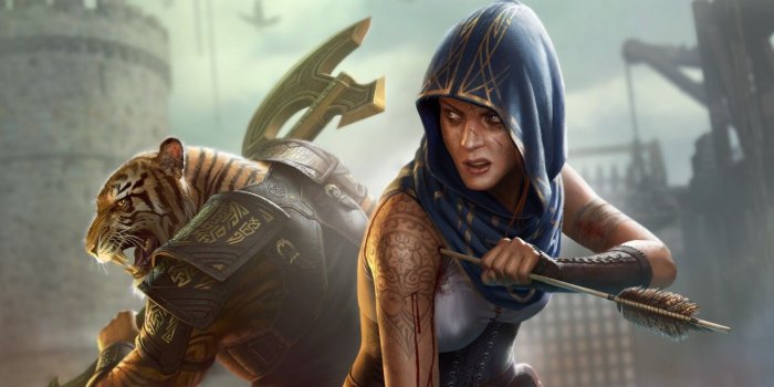 1332x850 Wallpaper axe, hood, art, warrior, tiger, girl, fiction, arrow